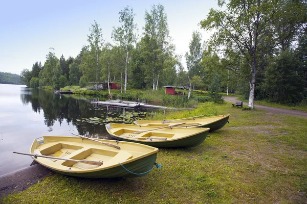 Boats Bank Forest Lake Finland — Stock Photo, Image