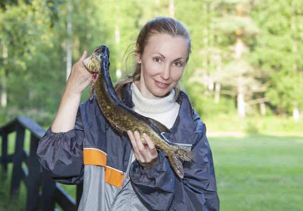 Young Woman Fisherman Caught Pik — Stock Photo, Image