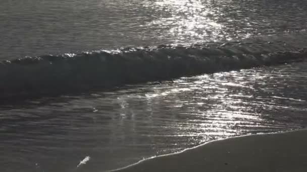 Ondas do mar quente correr na praia de areia no início da manhã, câmera lenta — Vídeo de Stock