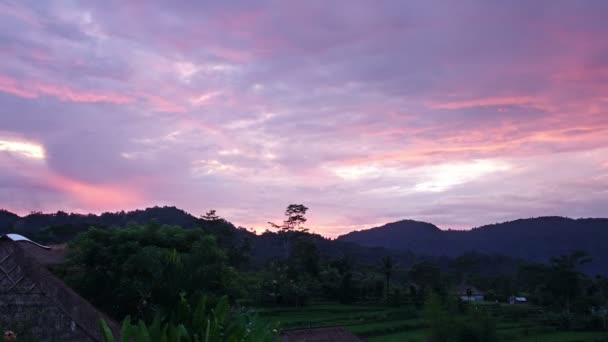 Indonesië, Bali, Time ochtend zonsopgang boven de berg en rijst terrassen, lapse — Stockvideo