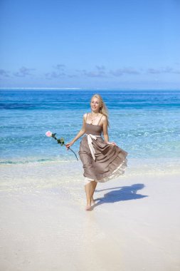 Bir plajda denizin kenarında güzel kadın bir gül ile çalışır. Polinezyası.