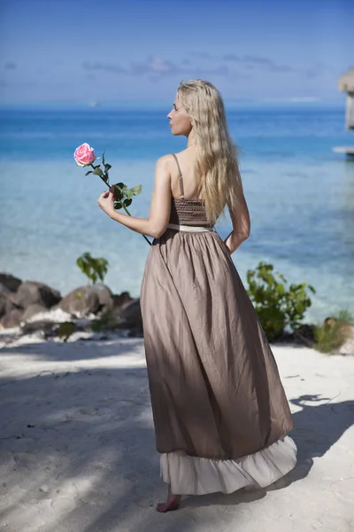 Mujer Con Una Rosa Mano Mira Mar —  Fotos de Stock