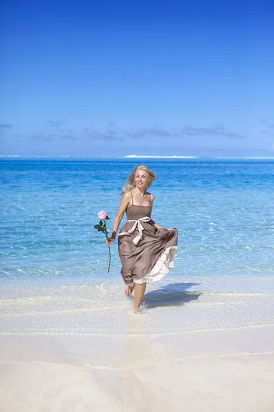 Hermosa Mujer Con Una Rosa Borde Del Mar Una Playa — Foto de Stock