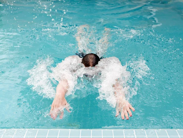 Young Man Swims Termination Path Concerns Side — Stock Photo, Image