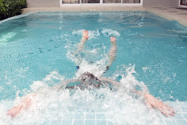 Young Man Swims Termination Path Concerns Side — Stock Photo, Image