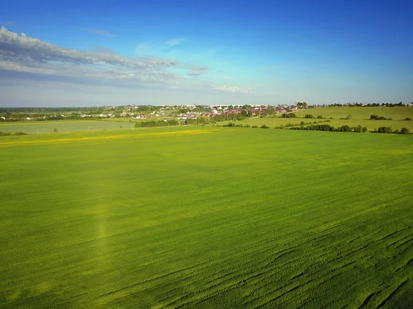 在田野上用绿草和远处的村庄看无人机的景观 — 图库照片