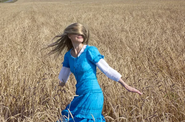 在成熟的谷物领域的蓝色长裙漂亮的女人 — 图库照片