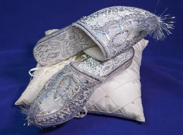 Sapatos Casamento Noiva Estilo Leste Veludo Azul — Fotografia de Stock