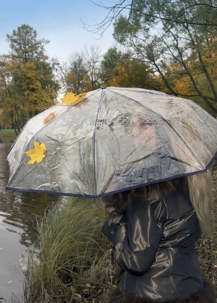 Wanita Bawah Payung Transparan Pada Hari Musim Gugur Yang Mendung — Stok Foto