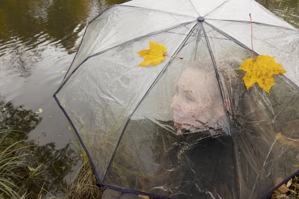 Woman Transparent Umbrella Cloudy Autumn Day Lake Shor — Stock Photo, Image