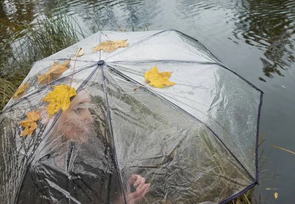 Frau Unter Einem Durchsichtigen Regenschirm Einem Bewölkten Herbsttag See Shor — Stockfoto