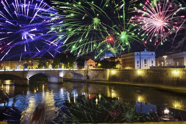 Celebratory Fireworks Sant Angelo Bridge River Tiber Rome Italy — Stock Photo, Image