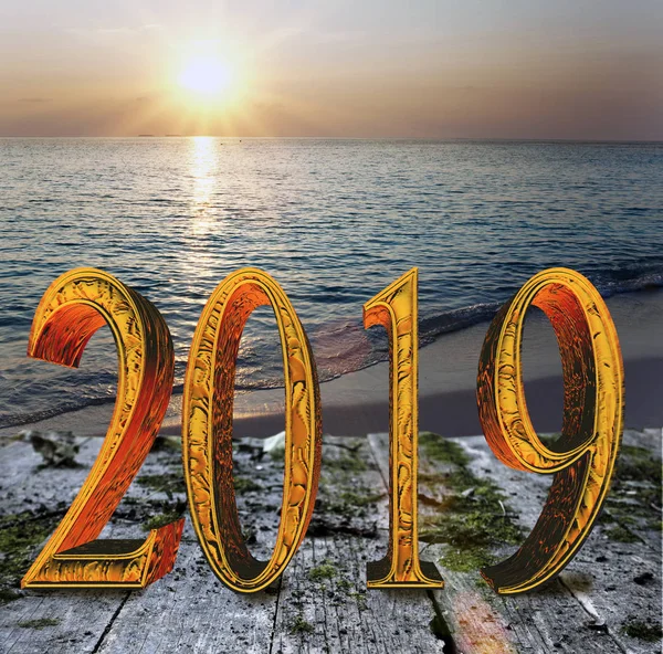 Inscrição Ano Novo 2019 Praia — Fotografia de Stock