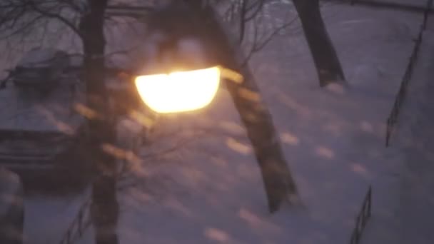 新的一年。在降雪过程中, 透过玻璃可以看到路灯, 其中反映了装饰好的新的合适圣诞树 — 图库视频影像
