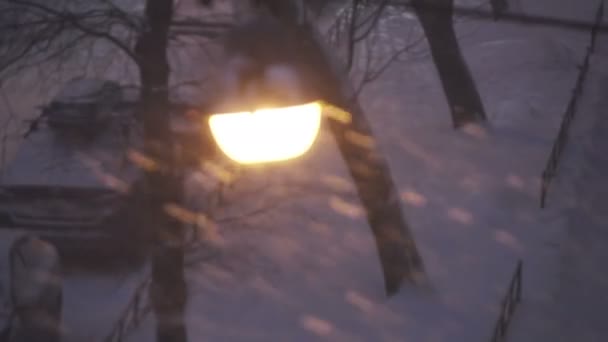 Lampy uliczne w nocy podczas burzy śnieżnej — Wideo stockowe