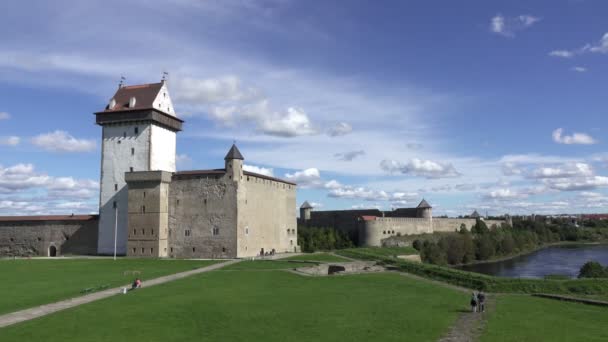 爱沙尼亚和俄罗斯的边境上的堡垒纳尔瓦和伊万格罗德堡垒 — 图库视频影像