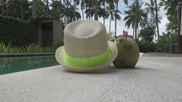 Erholungssymbole Resort Cocktail Kokosnuss Und Ein Strohhut Liegen Pool Rand — Stockvideo
