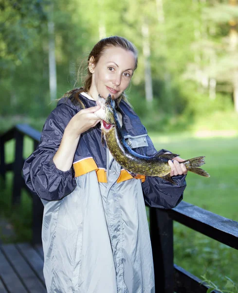 Young Woman Fisherman Caught Pike — Stock Photo, Image