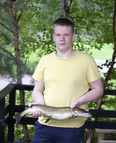 Young Man Fisherman Caught Pike — Stock Photo, Image