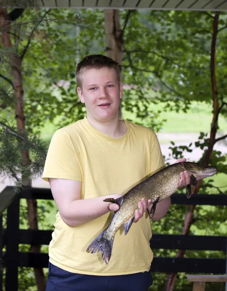 Young Man Fisherman Caught Pike — Stock Photo, Image