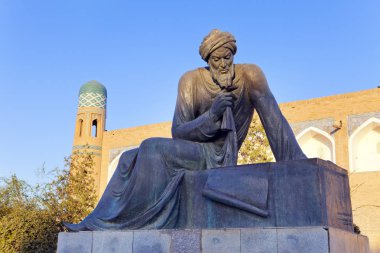 Uzbekistan. Khiva. Statue of Muhammad ibn Musa al-Khwarizmi - famous scientist born in Khiva in 783. The term 'algorithm' still reminds us of him because his name was rendered as Algoritmi in Latin. clipart