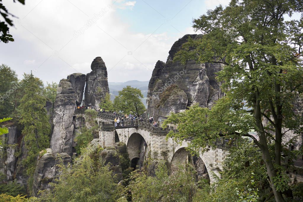 Bastei rocks and Bastei Bridge in Saxon Switzerland National Park, Germany