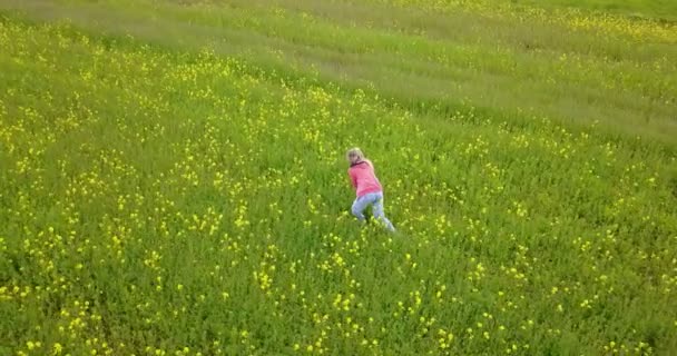 Вид с дрона на молодую женщину, идущую через поле с желтыми цветами в летний солнечный день — стоковое видео