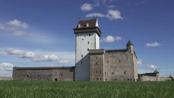 Fortress Narva and Ivangorod Fortress on the border of Estonia and Russia. dolly shot — Stock Video