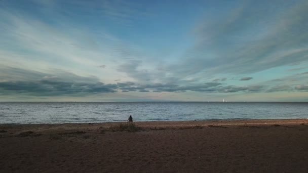 A câmera sobe sobre a praia de areia. A praia, o mar e as nuvens no céu são visíveis durante o pôr do sol — Vídeo de Stock