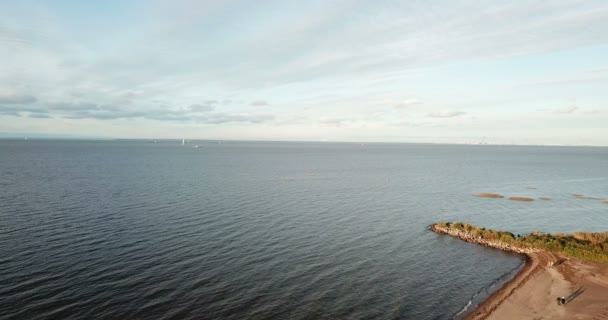 Vista desde el dron en la playa de arena y la costa del Golfo de Finlandia, en el horizonte los distritos de San Petersburgo — Vídeo de stock