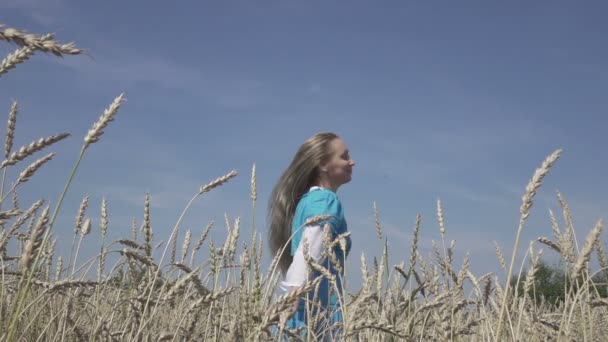 Щаслива Молода Струнка Жінка Довгим Світлим Волоссям Блакитній Сукні Обертається — стокове відео