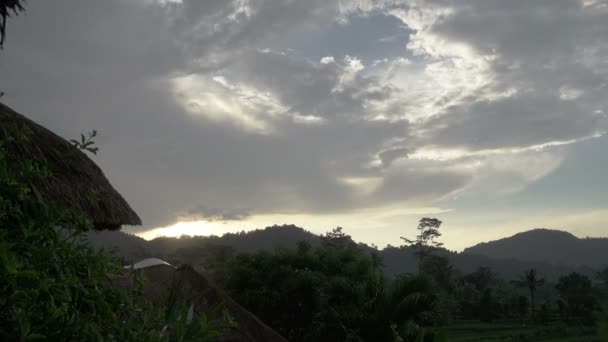 Blick auf Reisterrassen von Berg und Bauernhaus bei Regen. bali, indonesien — Stockvideo