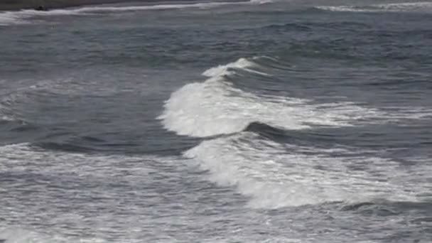 在阳光明媚的日子里 热带海洋的海岸 波浪带着黑色的石头在海岸上奔流 缓慢地运动着 — 图库视频影像