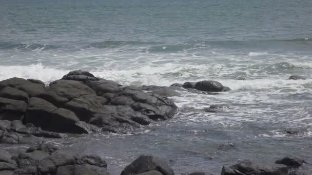 在阳光明媚的日子里，热带海洋的海岸，波浪带着黑色的石头在海岸上奔流，缓慢地运动着 — 图库视频影像