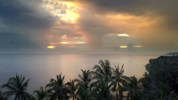 Salida del sol en el mar tropical. Aero disparando desde el dron, La costa con palmeras, El sol para brillar a través de las nubes, Barcos de pesca en el mar — Vídeo de stock