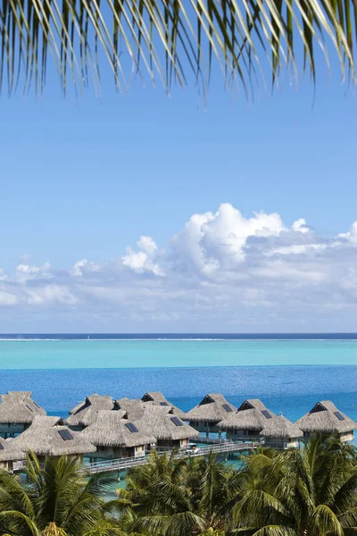 Blå Lagunen Bora Bora Polynesien Topputsikt Palmer Traditionella Loger Över — Stockfoto