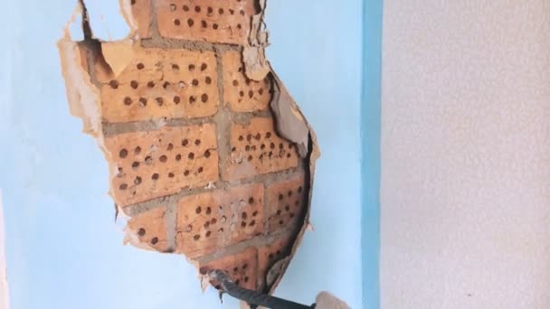 The young woman does repair in the apartment. The worker a hand tool breaks off an old wall covering under which the brick wall is visible — Stock Video