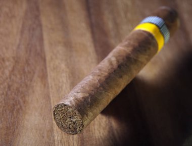 ahşap bir arka plan üzerinde bir tütün yaprağı haddelenmiş puro, keskinlik küçük derinliği