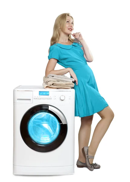 Happy Young Woman Bright Dress Joyfully Looks Leans New Washing — Stock Photo, Image