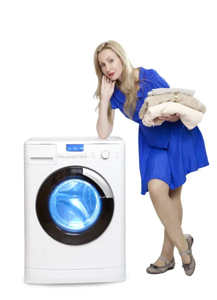 Mulher Bonita Vestido Azul Lado Uma Nova Máquina Lavar Roupa — Fotografia de Stock