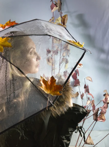 妇女在透明的伞之下与秋叶 — 图库照片