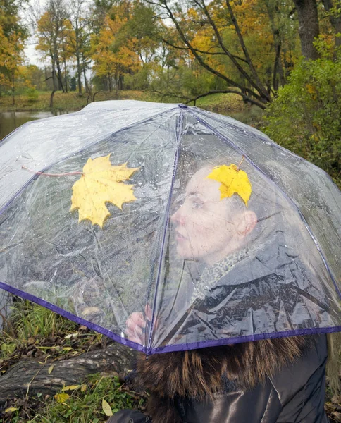 Frau Unter Einem Durchsichtigen Regenschirm Einem Bewölkten Herbsttag See Shor — Stockfoto