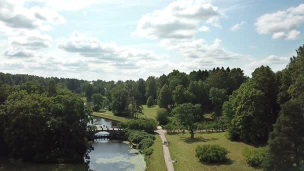 Top view from drone to Pavlovsk Palace, 18 century, Russian Imperial residence temple of Friendship the rotunda pavilion of Pavlovsk Park It is built in a bend of the Slavyanka River Russia — Stock Video