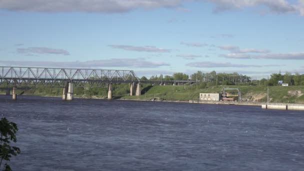 Železniční most přes Volchovskou řeku. Rusko, Racci jsou schopni přeletět nad říční vodou do letního slunečného dne, Shot in 4K UHD — Stock video