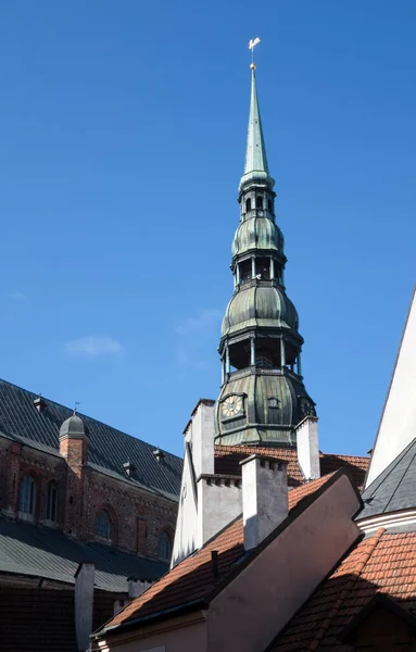 Bell Tower Steeple Peter Church Weather Vane Golden Cockerel Riga Stock Photo