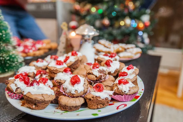 Christmas Dessert Serving Table Fresh Choco Muffins Cherry Homemade Sweet — Stock Photo, Image