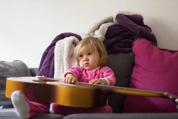 Adorable Music Little Girl Two Years Old Play Guitar Home — Stock Photo, Image