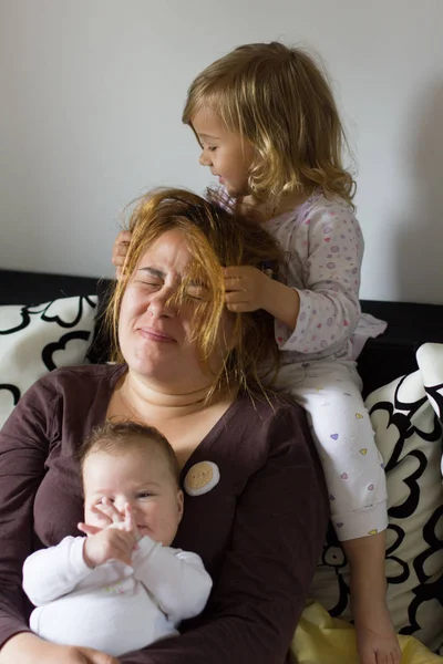 Happy Family Home Young Mother Her Daughters Two Years Little — Stock Photo, Image