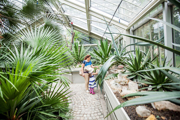 Mother and little girl in botanical garden 