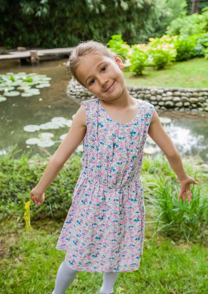 Happy Little Girl Elegant Dress Park Smiling Portrait Child Outdoor — Stock Photo, Image